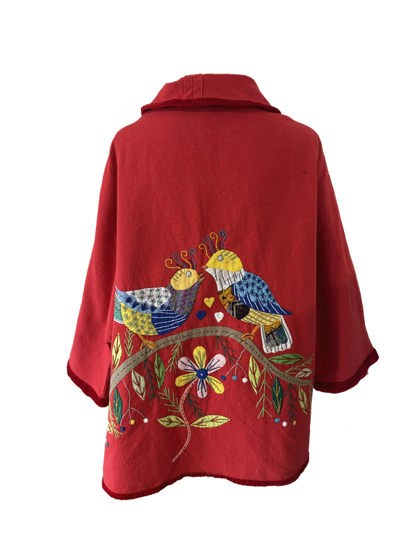 The Round Jacket in Red With Patchwork Hand Embroidery