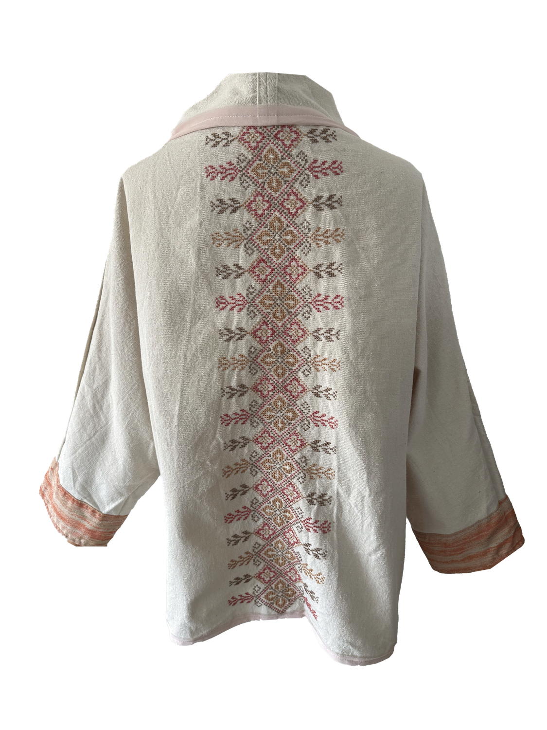The Round Jacket in White With Pink Hand Embroidery and Pink Trim