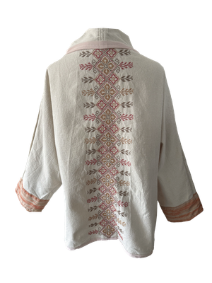 The Round Jacket in White With Pink Hand Embroidery and Pink Trim