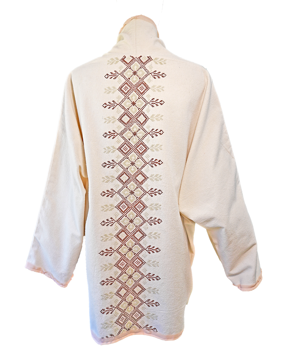 The Round Jacket in White With Burgundy Hand Embroidery