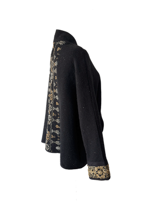 The Round Jacket in Black Wool With Hand Embroidery on the Back