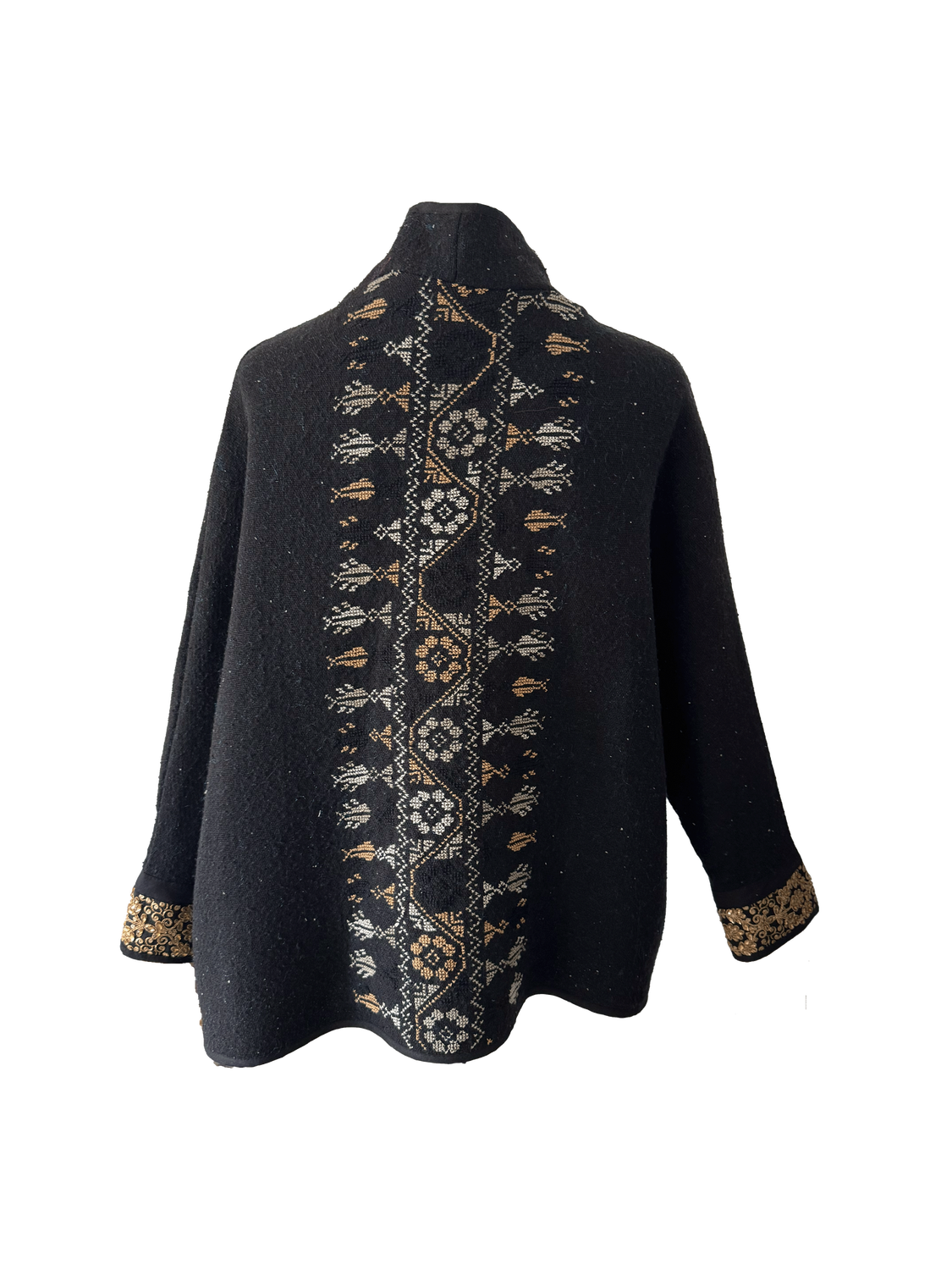 The Round Jacket in Black Wool With Hand Embroidery on the Back