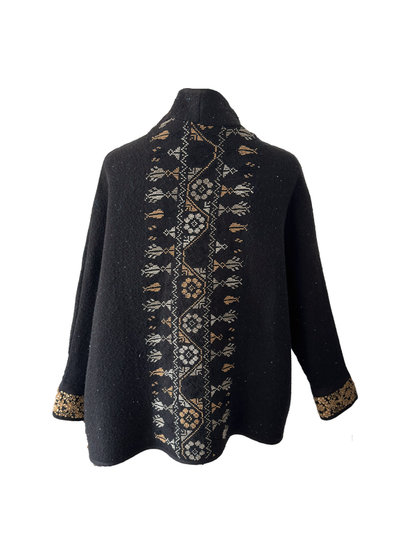 The Round Jacket in Black Wool With Hand Embroidery on the Back
