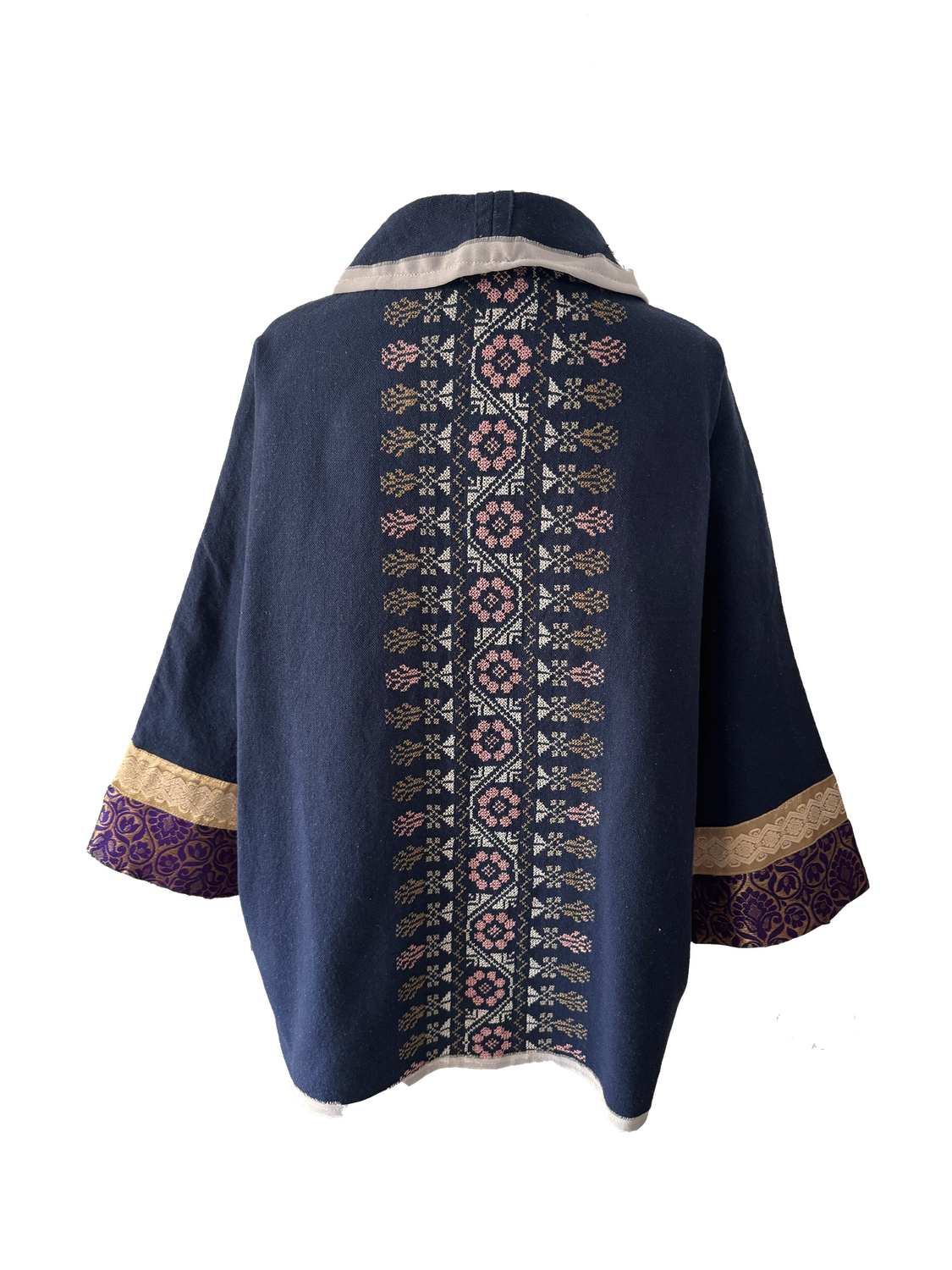The Round Jacket in Navy Blue With Pink Hand Embroidery