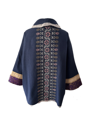 The Round Jacket in Navy Blue With Pink Hand Embroidery