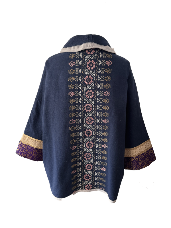The Round Jacket in Navy Blue With Pink Hand Embroidery