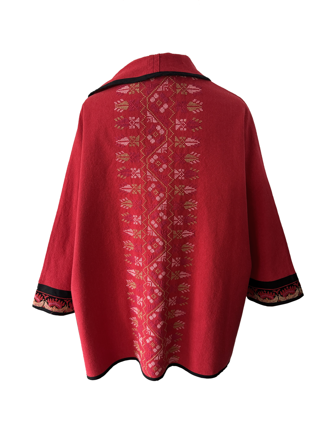 The Round Jacket in Red With Pink and Beige Hand Embroidery