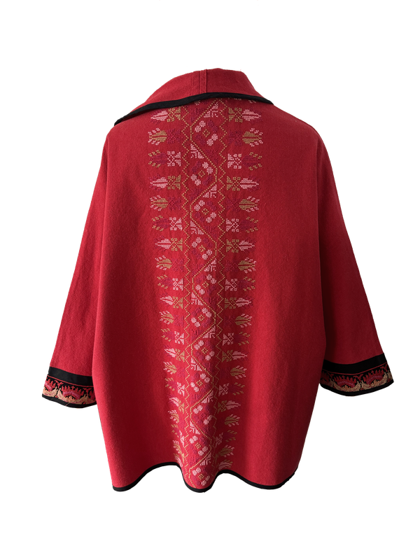 The Round Jacket in Red With Pink and Beige Hand Embroidery
