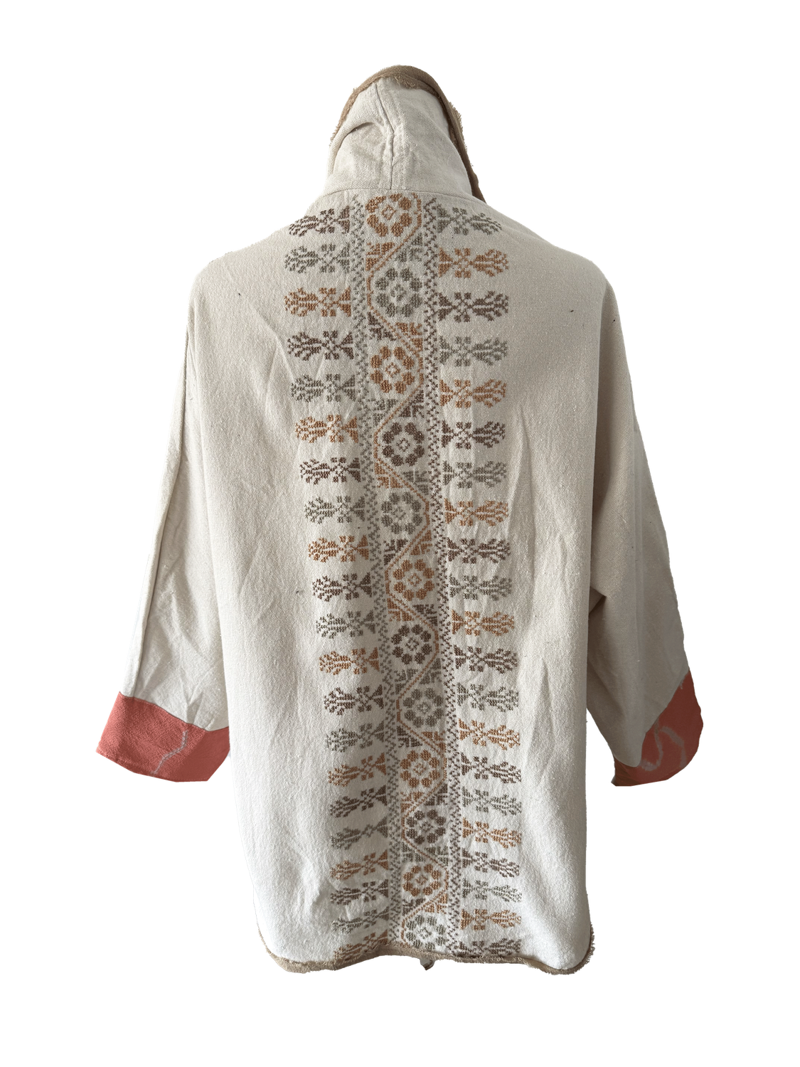 The Round Jacket in White With Pink Hand Embroidery and Beige Trim