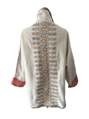 The Round Jacket in White With Pink Hand Embroidery and Beige Trim