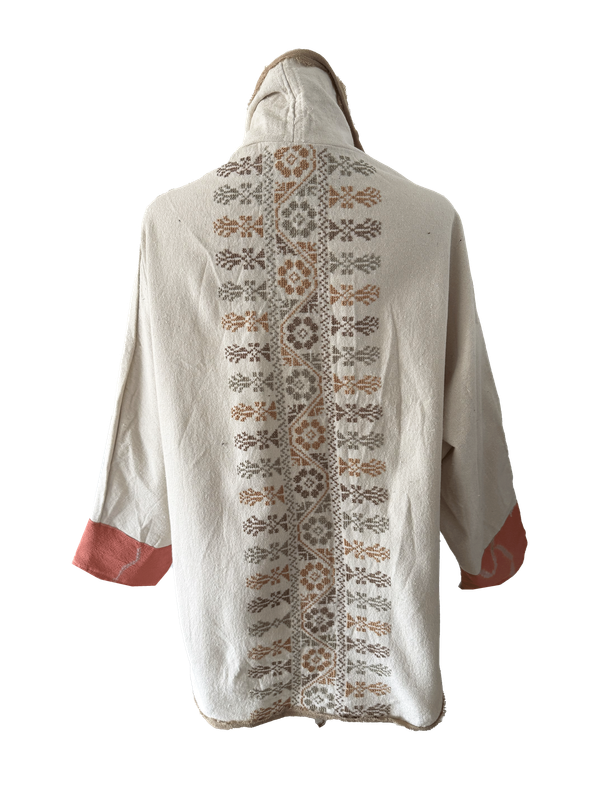 The Round Jacket in White With Pink Hand Embroidery and Beige Trim