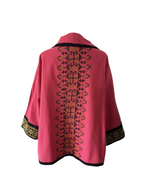 The Round Jacket in Pink With Beige Hand Embroidery and Black Trim