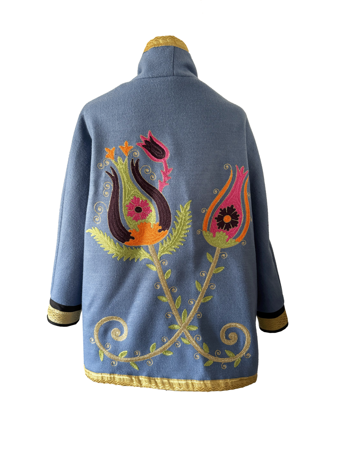The Round Jacket With Aghabani Embroidery in Blue with Gold Trim