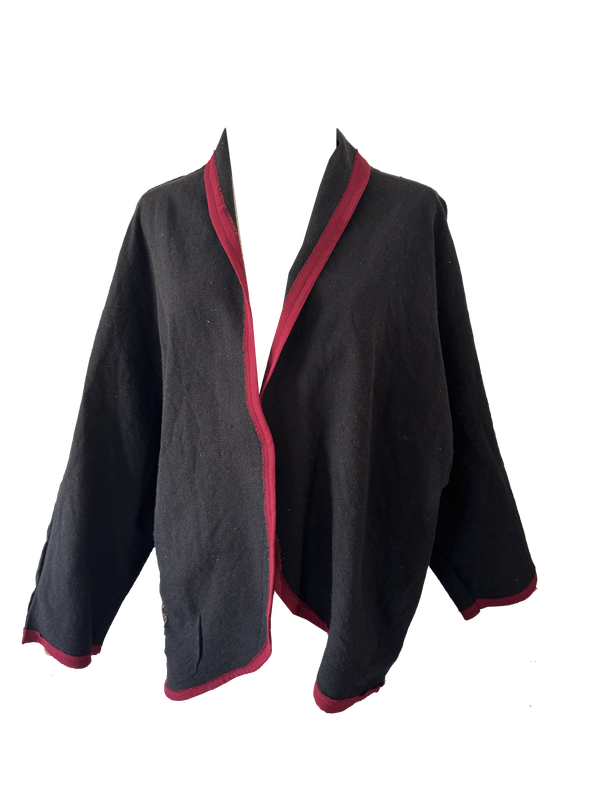 Nadia Dajani x UNHCR Black Floral Round Jacket with Burgundy Trim