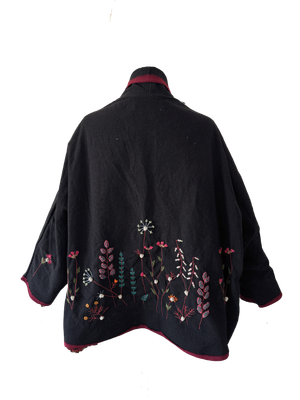 Nadia Dajani x UNHCR Black Floral Round Jacket with Burgundy Trim