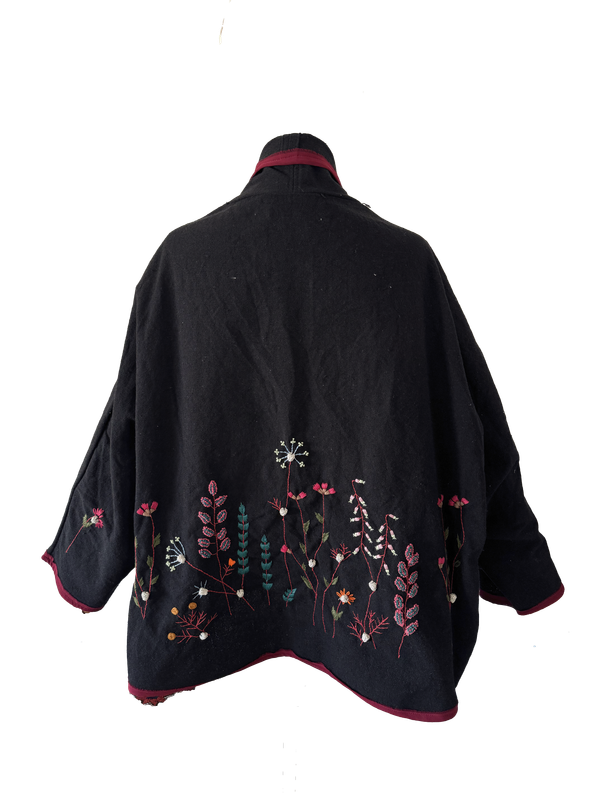 Nadia Dajani x UNHCR Black Floral Round Jacket with Burgundy Trim
