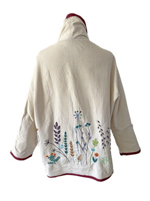 Nadia Dajani x UNHCR Floral Round Jacket in White with Burgundy Trim
