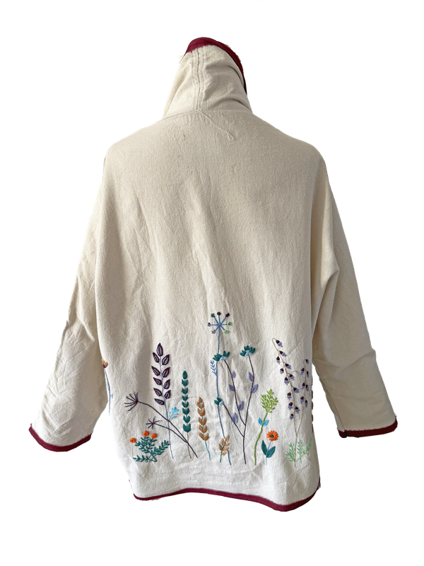 Nadia Dajani x UNHCR Floral Round Jacket in White with Burgundy Trim