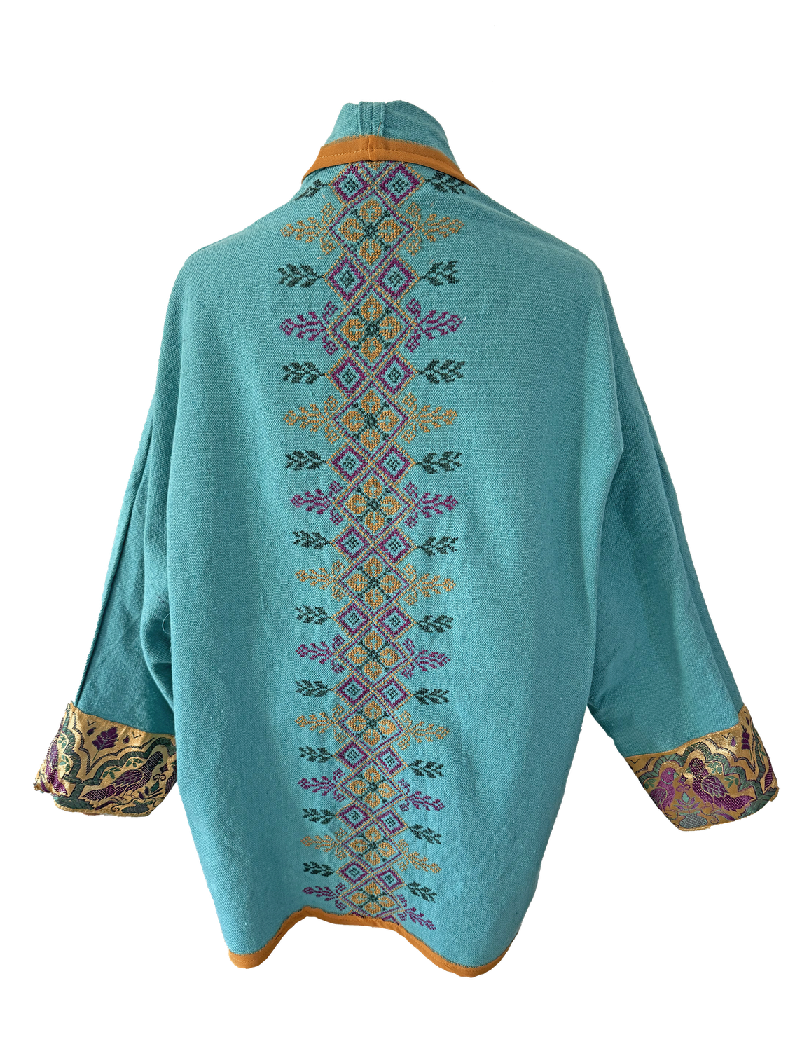 The Round Jacket in Turquoise With Hand Embroidery and Orange Trim