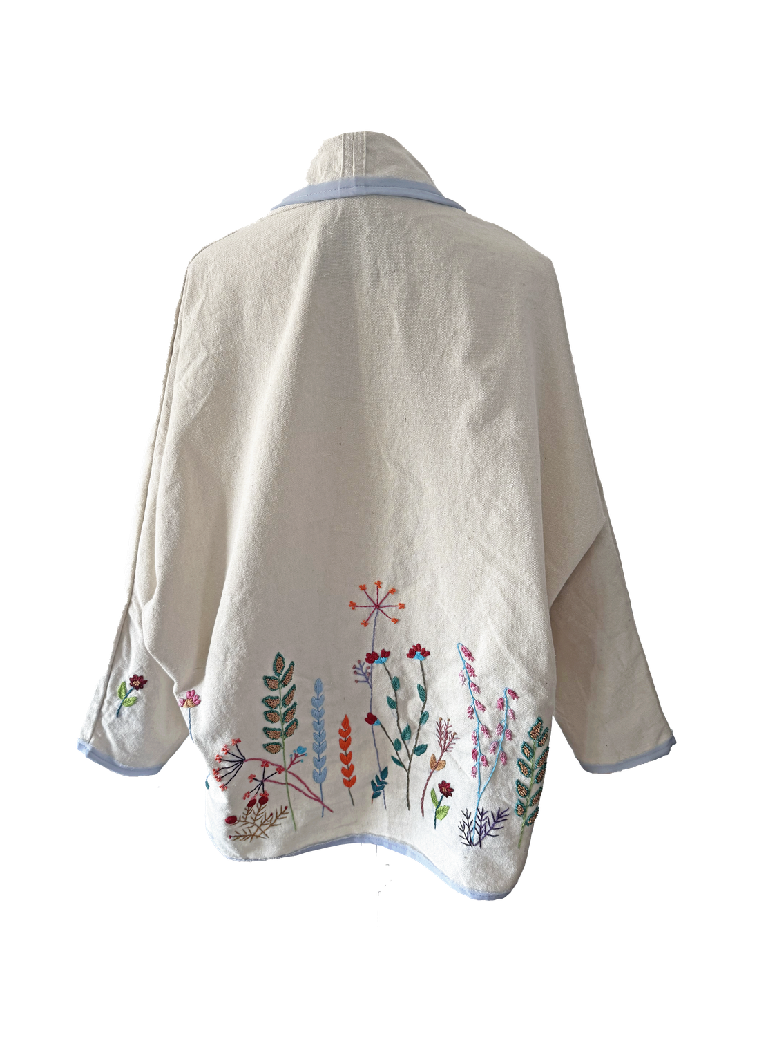Nadia Dajani x UNHCR Floral Round Jacket with Baby Blue Trim in White