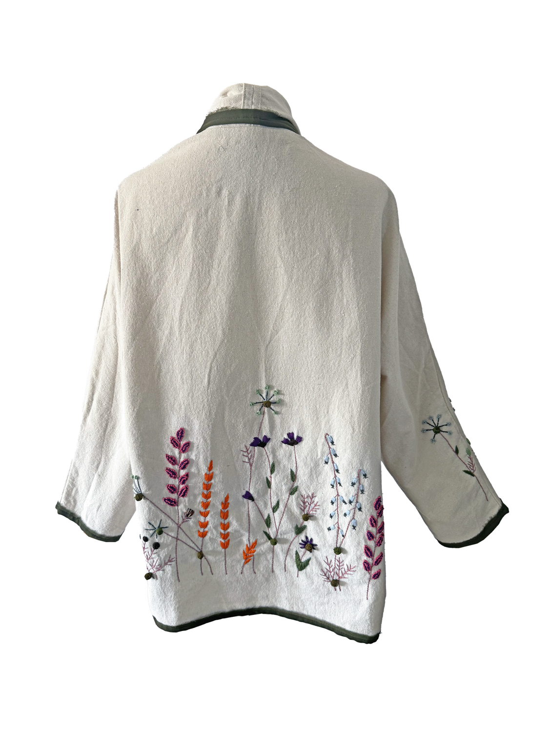 Nadia Dajani x UNHCR Black Floral Round Jacket with Olive Green Trim in White