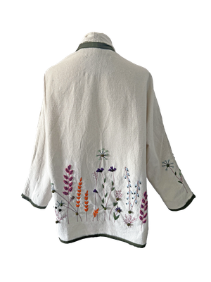 Nadia Dajani x UNHCR Floral Round Jacket with Olive Green Trim in White