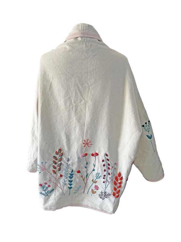 Nadia Dajani x UNHCR Black Floral Round Jacket with Baby Pink Trim in White