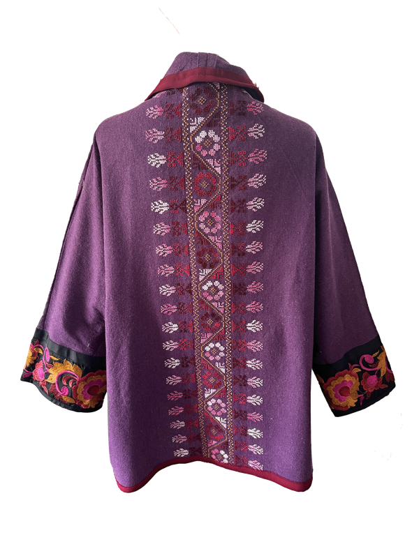 The Round Jacket in Purple With Pink and Red Hand Embroidery