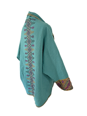 The Round Jacket in Turquoise With Violet Hand Embroidery