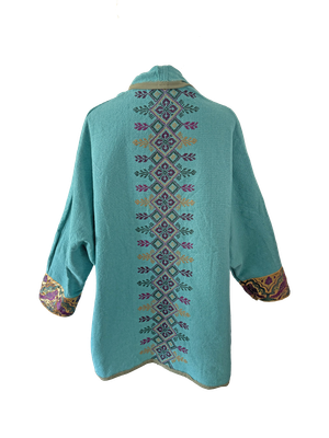 The Round Jacket in Turquoise With Violet Hand Embroidery