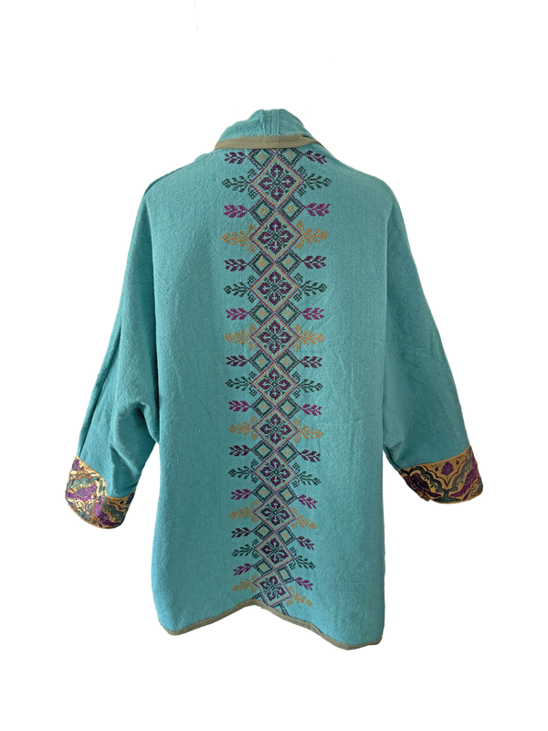 The Round Jacket in Turquoise With Violet Hand Embroidery