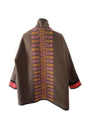 The Round Jacket in Brown With Pink Hand Embroidery and Thai Silk Cuffs