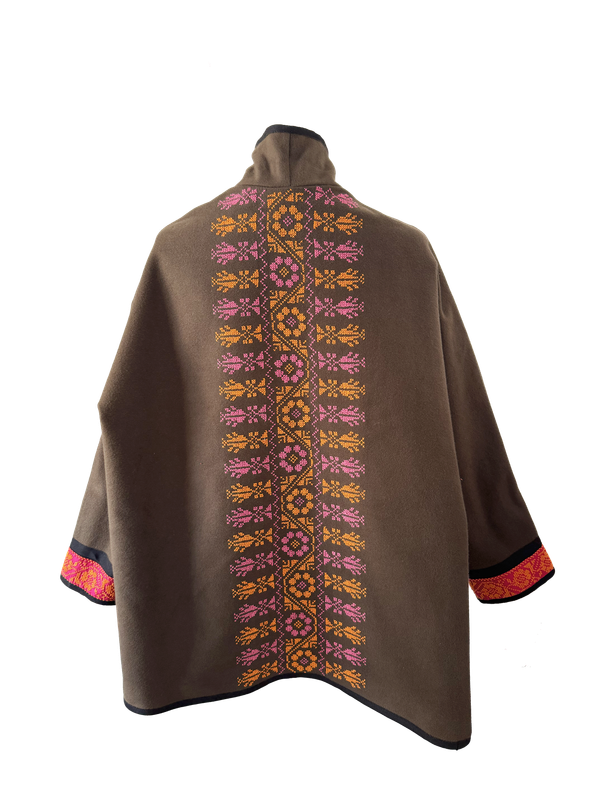 The Round Jacket in Brown With Pink Hand Embroidery and Thai Silk Cuffs
