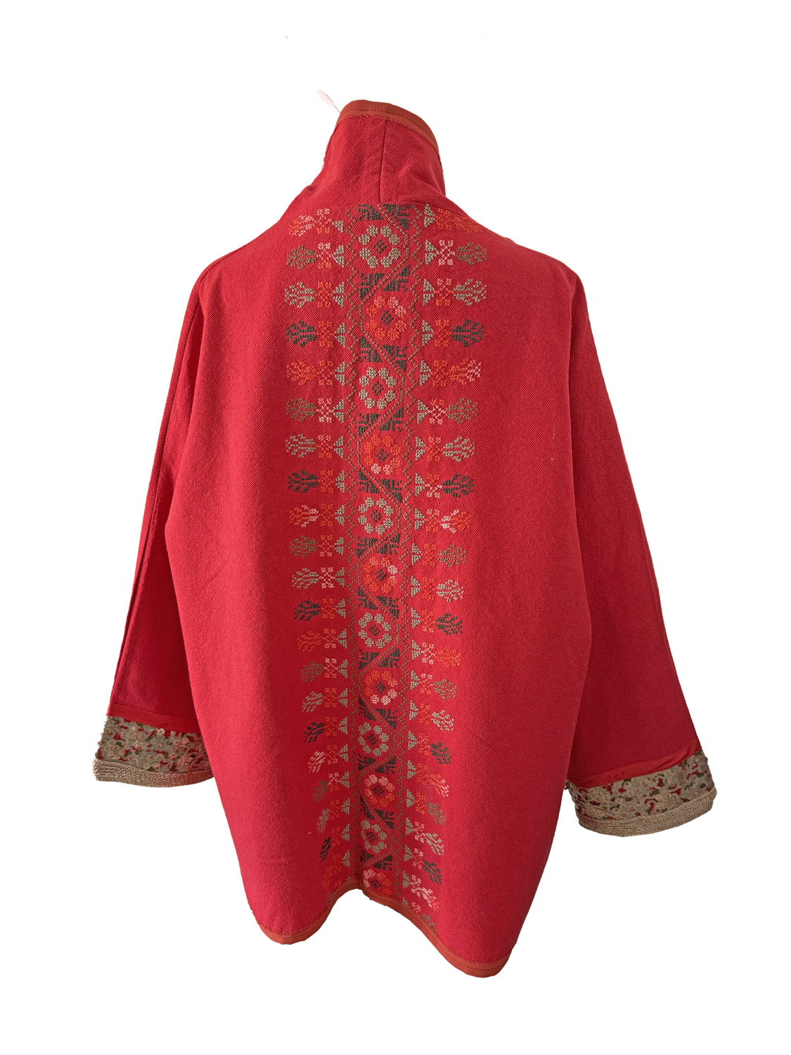 The Round Jacket in Red With Hand Embroidery and Sequin Cuffs