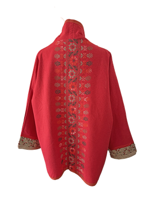 The Round Jacket in Red With Hand Embroidery and Sequin Cuffs