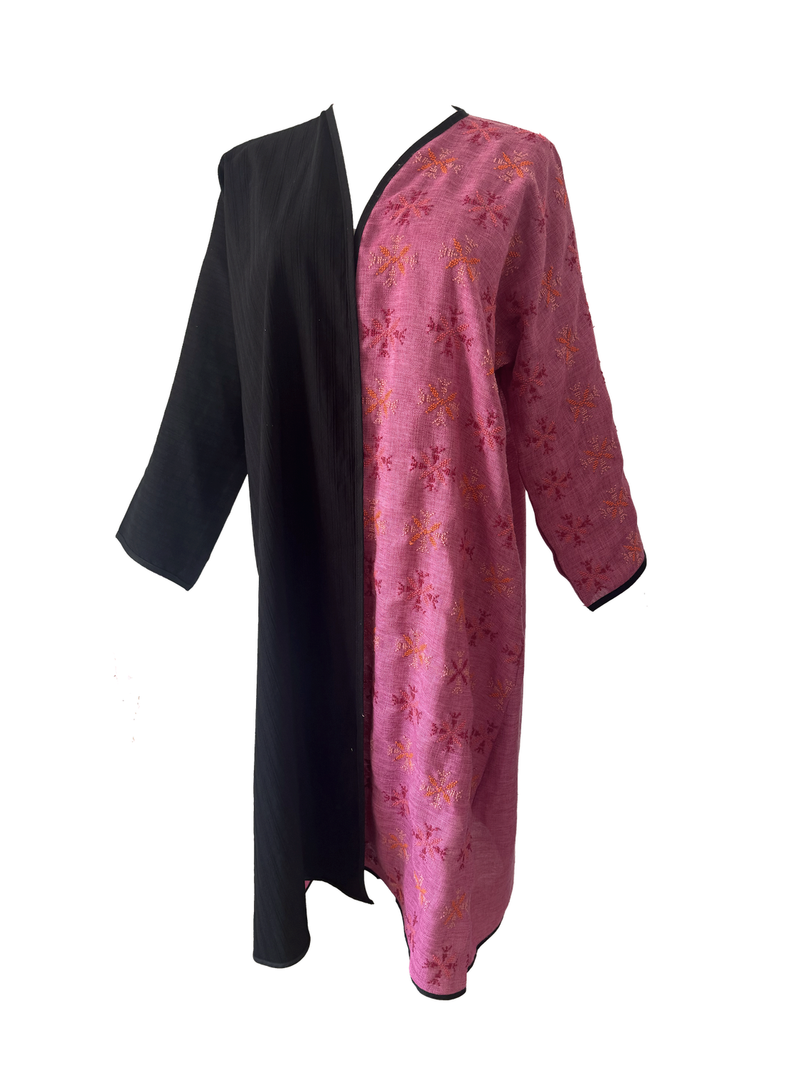 The Fitted Abaya in Pink and Black with Yellow Hand Embroidery