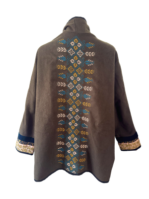 The Round Jacket in Brown With Light Pink Hand Embroidery
