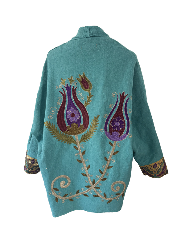 The Turquoise Round Jacket With Purple Aghabani Embroidery