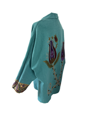 The Turquoise Round Jacket With Purple Aghabani Embroidery