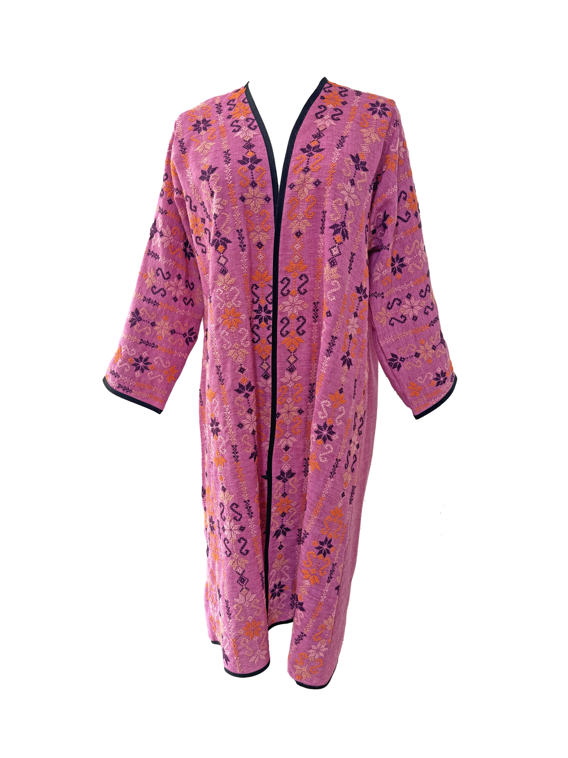 The Fitted Abaya in Pink with Yellow Hand Embroidery on Both Sides