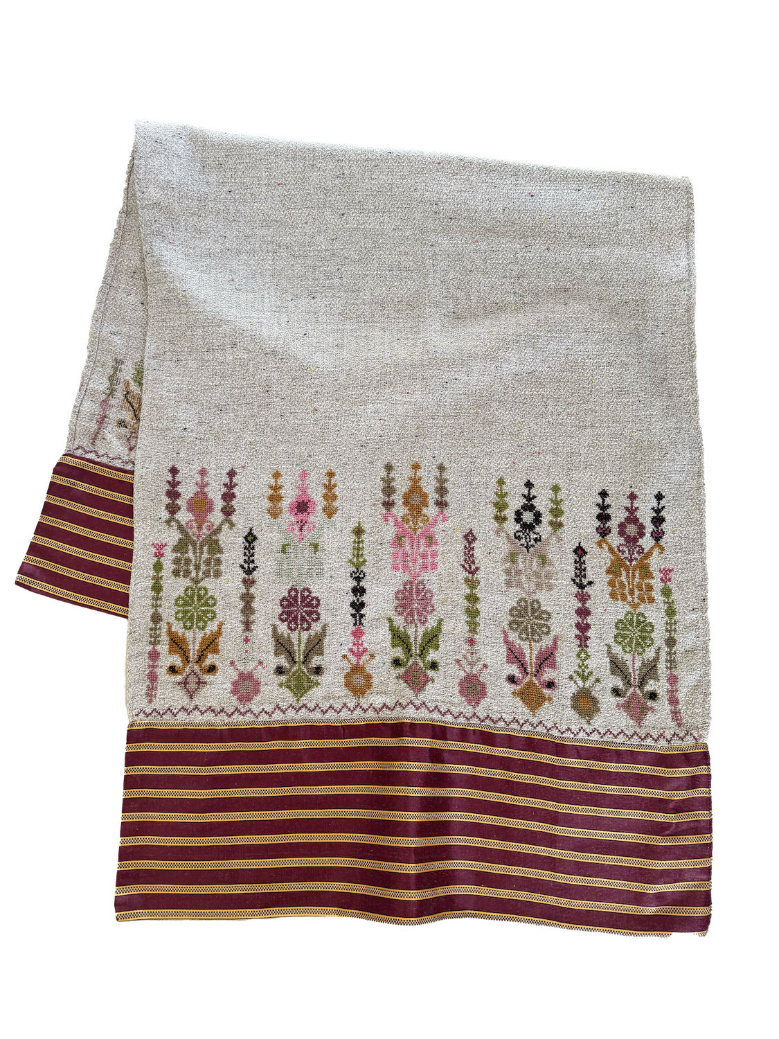 Hand Embroidered Scarf with Saya Trim in Beige