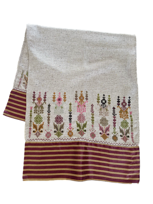 Hand Embroidered Scarf with Saya Trim in Beige