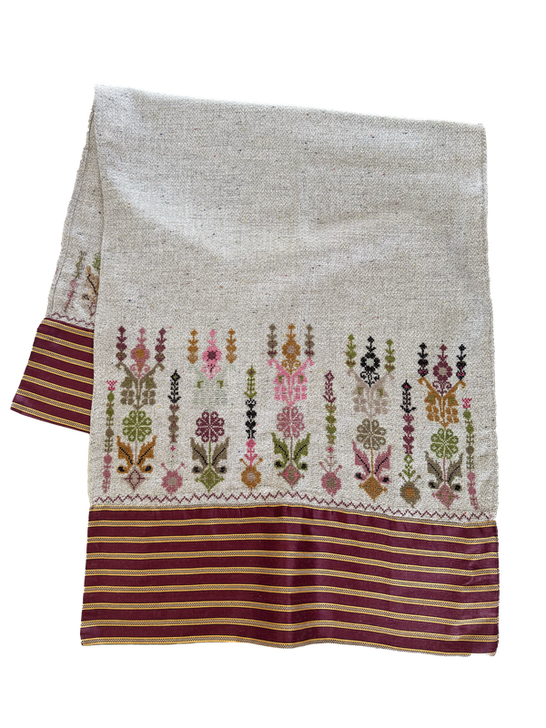 Hand Embroidered Scarf with Saya Trim in Beige