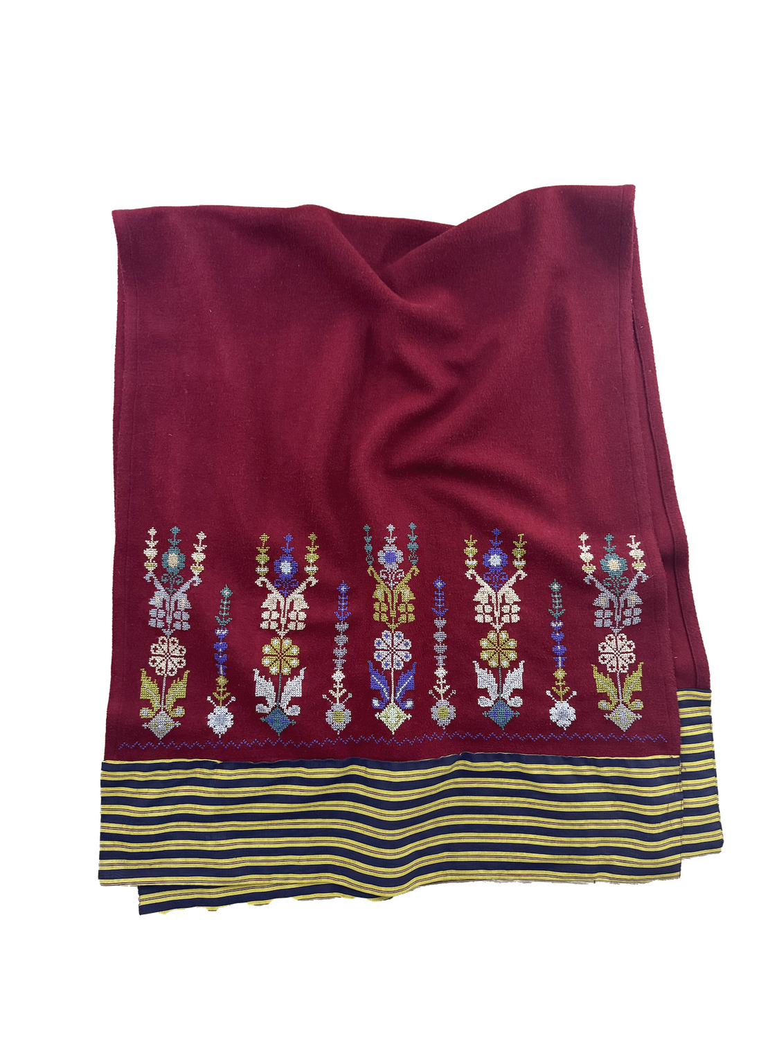 Hand Embroidered Scarf with Saya Trim in Burgundy