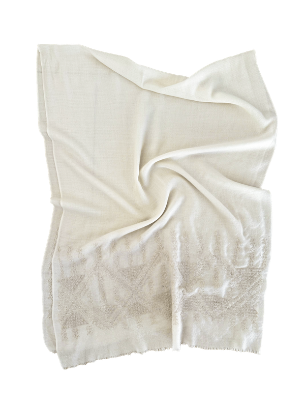 The Embroidered Scarf in White Cashmere