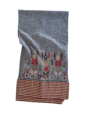 Hand Embroidered Scarf with Saya Trim in Grey
