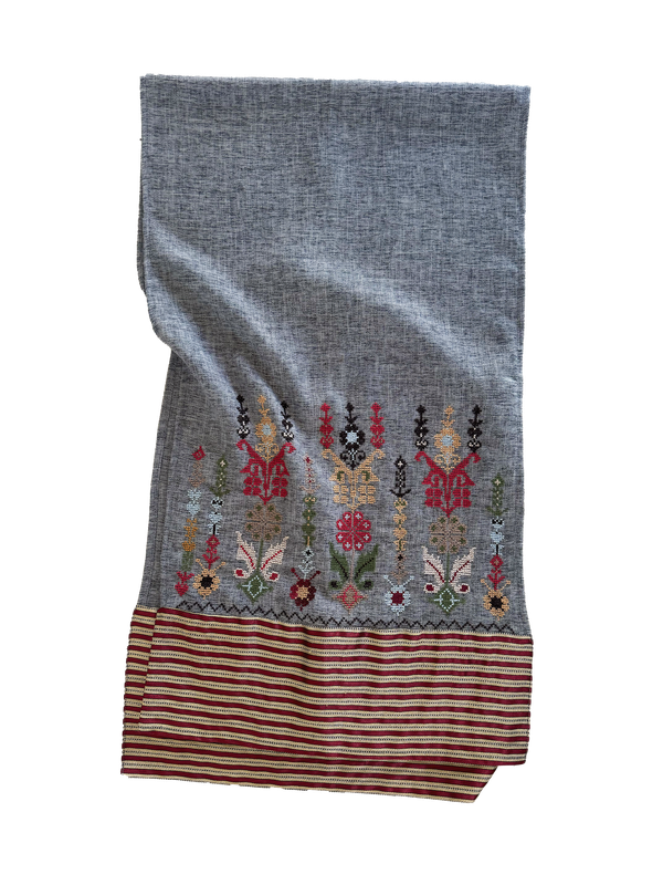 Hand Embroidered Scarf with Saya Trim in Grey