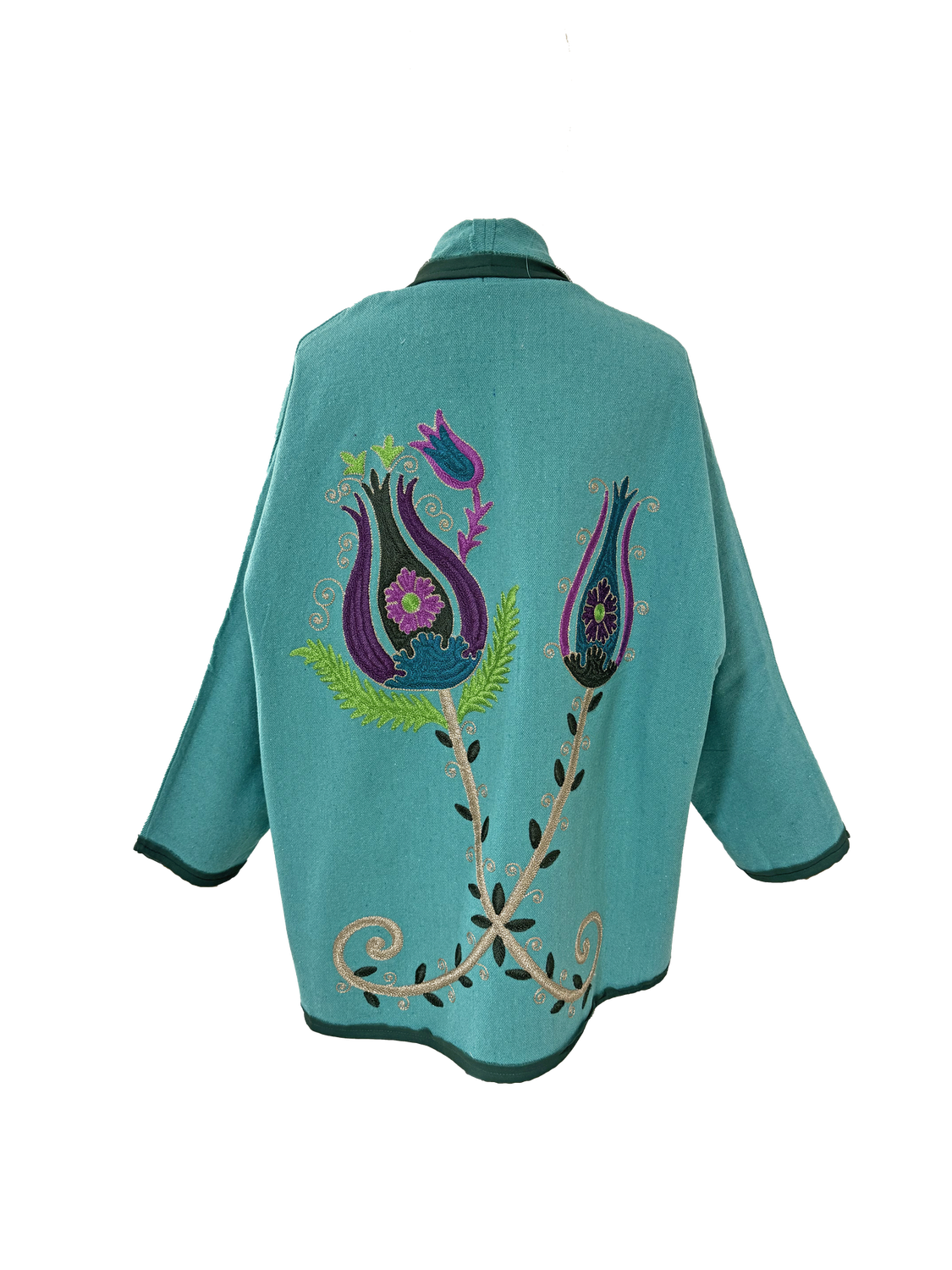 The Turquoise Round Jacket With Purple Aghabani Embroidery and Green Trim