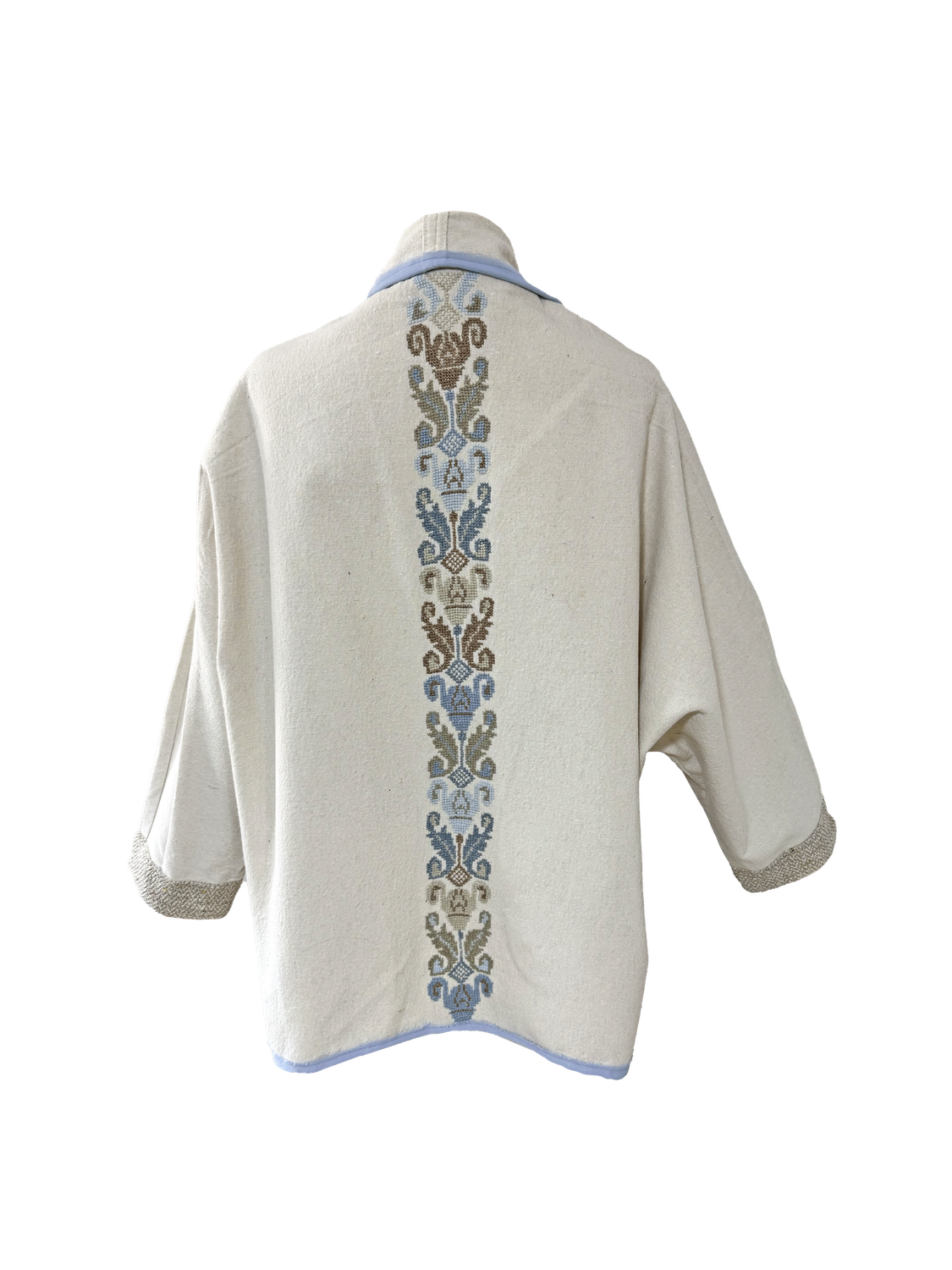 The Round Jacket in White With Jaffa Embroidery and Blue Trim