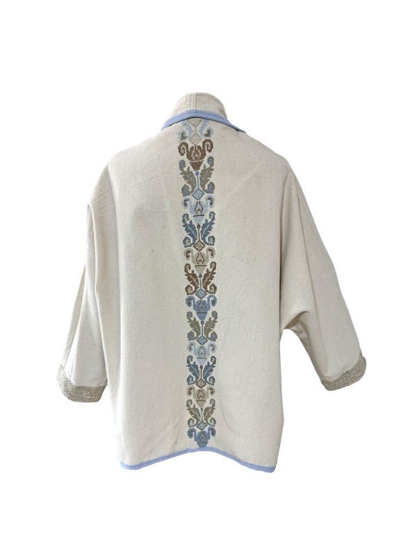 The Round Jacket in White With Jaffa Embroidery and Blue Trim